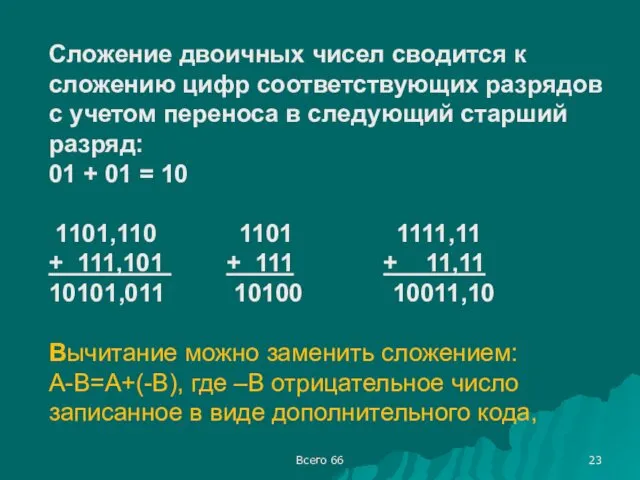 Всего 66 Сложение двоичных чисел сводится к сложению цифр соответствующих разрядов