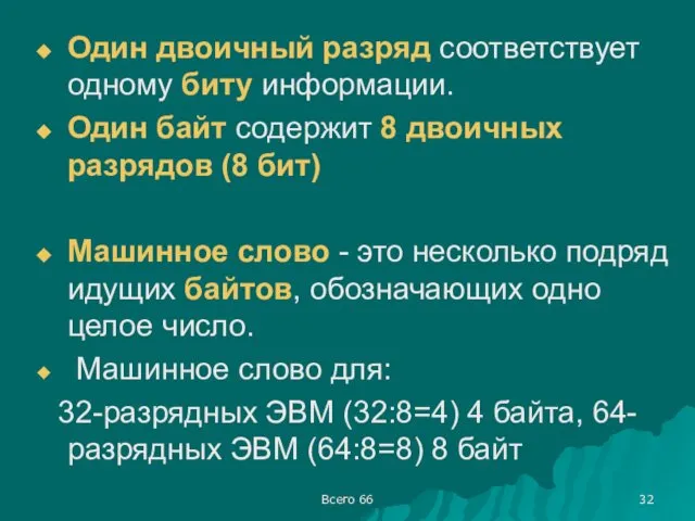 Всего 66 Один двоичный разряд соответствует одному биту информации. Один байт