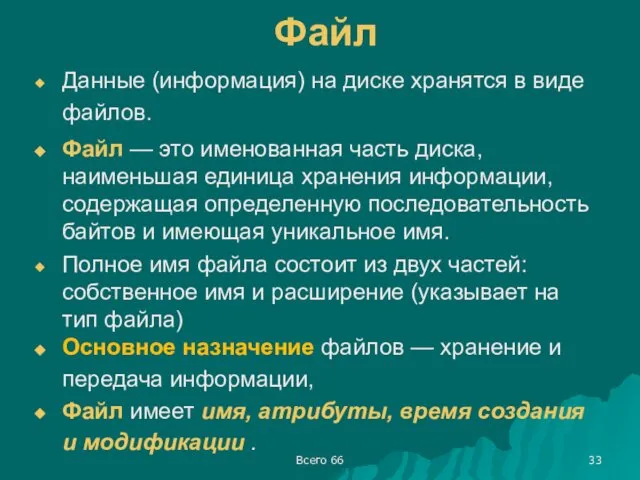 Всего 66 Файл Данные (информация) на диске хранятся в виде файлов.