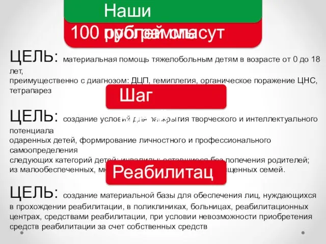 100 рублей спасут жизнь Наши программы ЦЕЛЬ: материальная помощь тяжелобольным детям