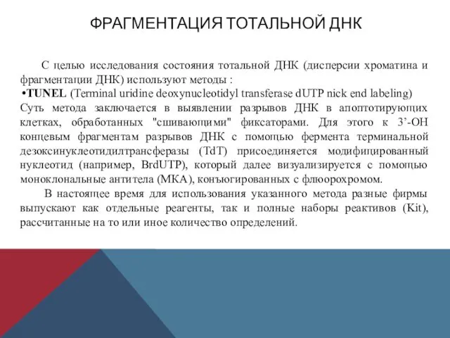 ФРАГМЕНТАЦИЯ ТОТАЛЬНОЙ ДНК С целью исследования состояния тотальной ДНК (дисперсии хроматина