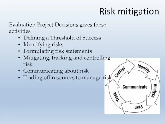 Risk mitigation Evaluation Project Decisions gives these activities Defining a Threshold