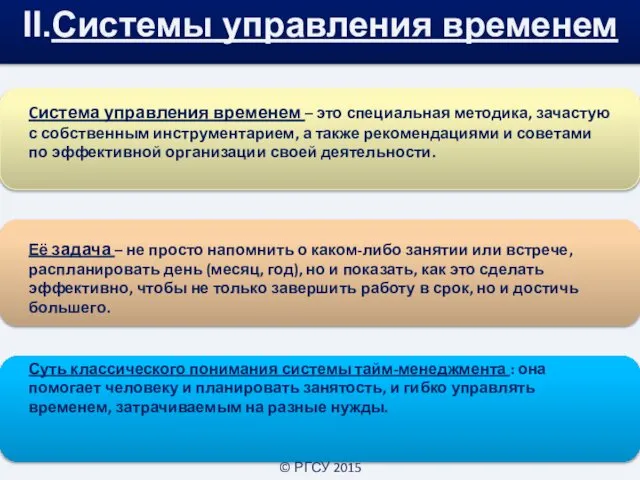 II.Системы управления временем Cистема управления временем – это специальная методика, зачастую