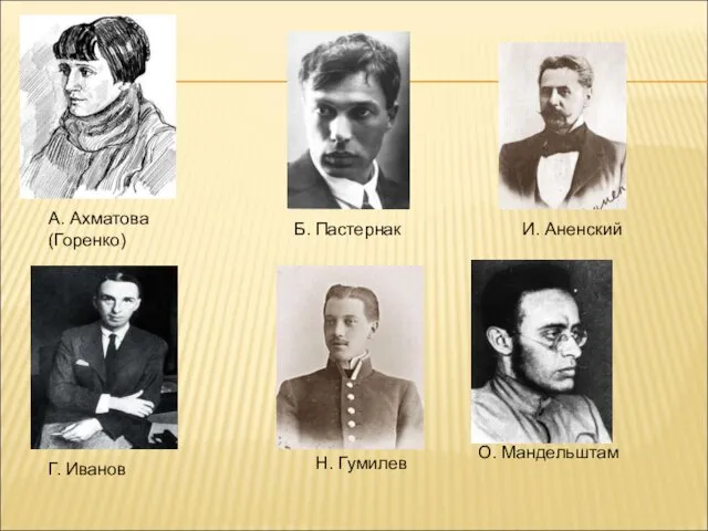 А. Ахматова (Горенко) Б. Пастернак И. Аненский Г. Иванов Н. Гумилев О. Мандельштам