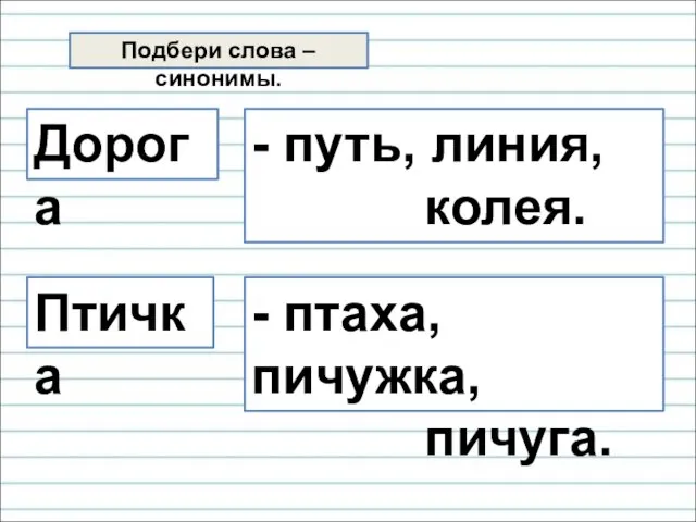 Подбери слова –синонимы. Дорога - путь, линия, колея. Птичка - птаха, пичужка, пичуга.