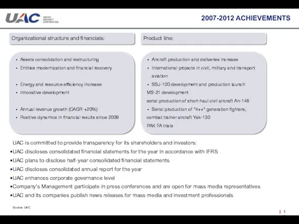 2007-2012 ACHIEVEMENTS Source: UAC Assets consolidation and restructuring Entities modernization and