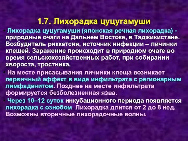 1.7. Лихорадка цуцугамуши Лихорадка цуцугамуши (японская речная лихорадка) - природные очаги