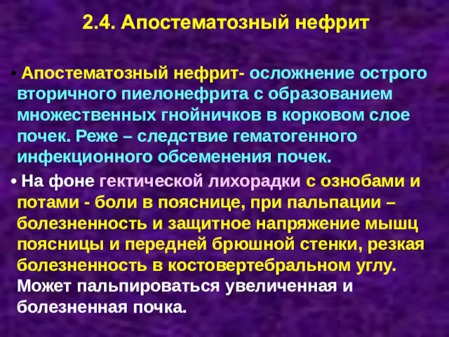 2.4. Апостематозный нефрит Апостематозный нефрит- осложнение острого вторичного пиелонефрита с образованием