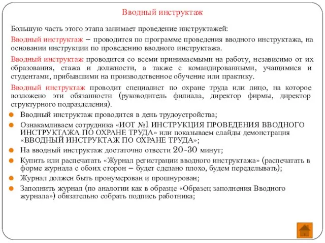 Вводный инструктаж Большую часть этого этапа занимает проведение инструктажей: Вводный инструктаж