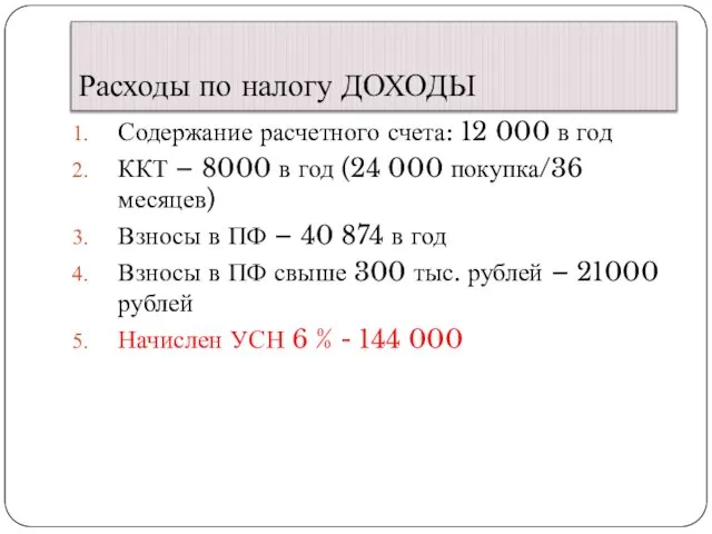 Расходы по налогу ДОХОДЫ Содержание расчетного счета: 12 000 в год