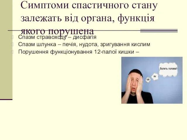 Спазм стравоходу – дисфагія Спазм шлунка – печія, нудота, зригування кислим