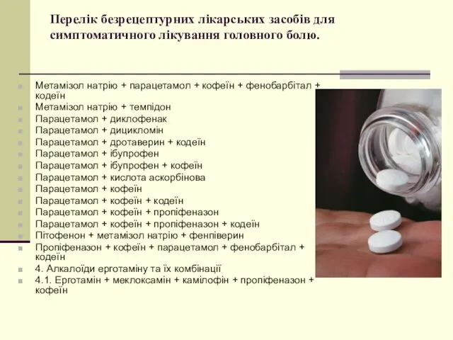 Перелік безрецептурних лікарських засобів для симптоматичного лікування головного болю. Метамізол натрію