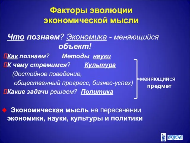 Факторы эволюции экономической мысли Что познаем? Экономика - меняющийся объект! Как