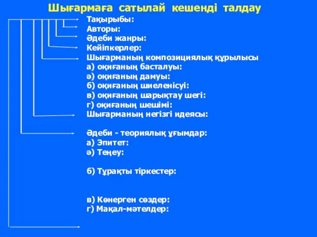 Шығармаға сатылай кешенді талдау Тақырыбы: Авторы: Әдеби жанры: Кейіпкерлер: Шығарманың композициялық