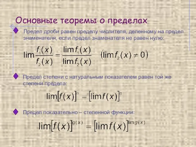 Основные теоремы о пределах Предел дроби равен пределу числителя, деленному на