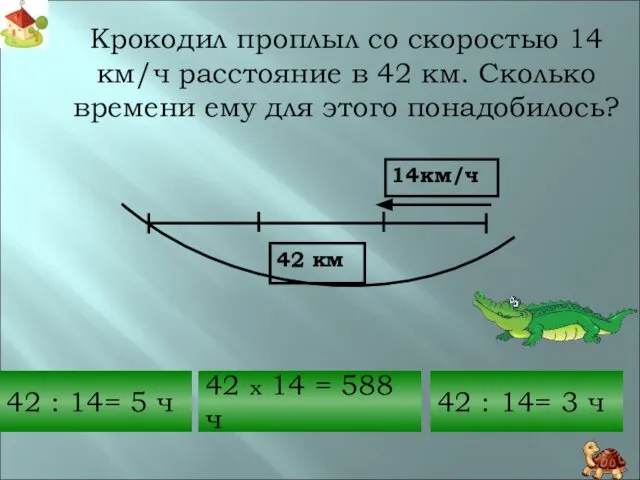 Крокодил проплыл со скоростью 14 км/ч расстояние в 42 км. Сколько