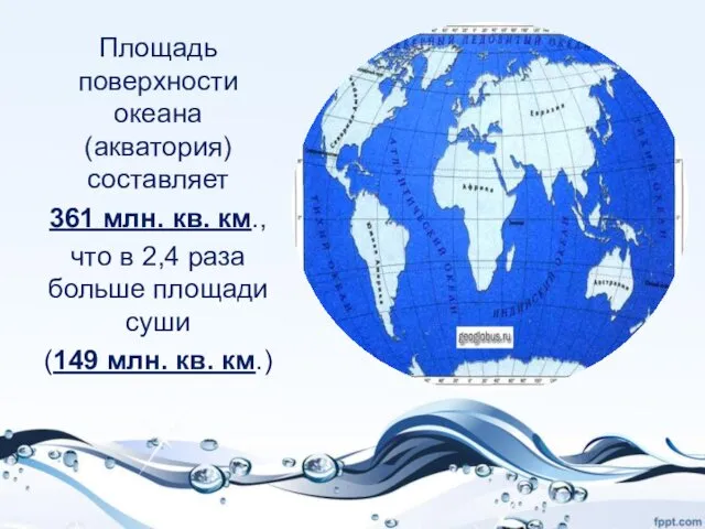 Площадь поверхности океана (акватория) составляет 361 млн. кв. км., что в