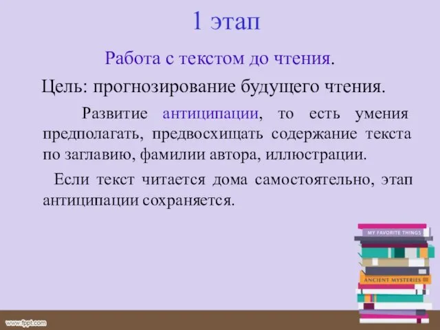 1 этап Работа с текстом до чтения. Цель: прогнозирование будущего чтения.