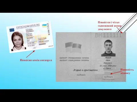 Наявність підпису Повністю і чітко сканований номер документа Неякісна копія паспорта