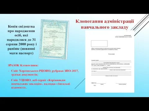 Клопотання адміністрації навчального закладу Копія свідоцтва про народження осіб, які народилися