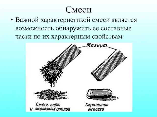 Смеси Важной характеристикой смеси является возможность обнаружить ее составные части по их характерным свойствам