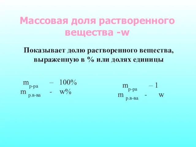 Массовая доля растворенного вещества -w Показывает долю растворенного вещества, выраженную в