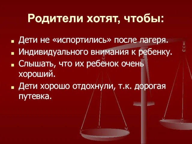 Родители хотят, чтобы: Дети не «испортились» после лагеря. Индивидуального внимания к