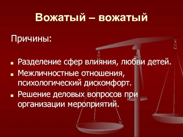 Вожатый – вожатый Причины: Разделение сфер влияния, любви детей. Межличностные отношения,