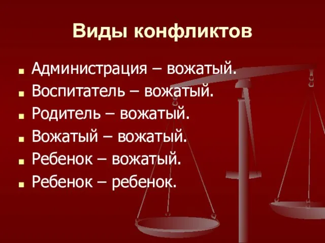 Виды конфликтов Администрация – вожатый. Воспитатель – вожатый. Родитель – вожатый.