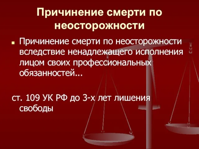 Причинение смерти по неосторожности Причинение смерти по неосторожности вследствие ненадлежащего исполнения