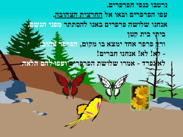 נרטבו כנפי הפרפרים. עפו הפרפרים ובאו אל החרצית הצהובה. אנחנו שלושה