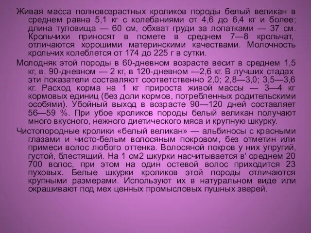 Живая масса полновозрастных кроликов породы белый великан в среднем равна 5,1