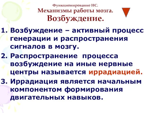 Функционирование НС. Механизмы работы мозга. Возбуждение. Возбуждение – активный процесс генерации