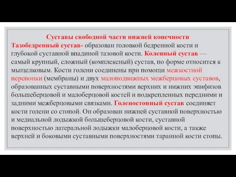 Суставы свободной части нижней конечности Тазобедренный сустав- образован головкой бедренной кости