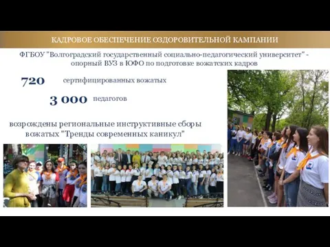 КАДРОВОЕ ОБЕСПЕЧЕНИЕ ОЗДОРОВИТЕЛЬНОЙ КАМПАНИИ 3 000 педагогов 720 сертифицированных вожатых возрождены