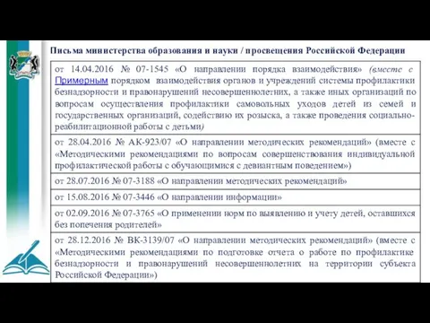 Письма министерства образования и науки / просвещения Российской Федерации