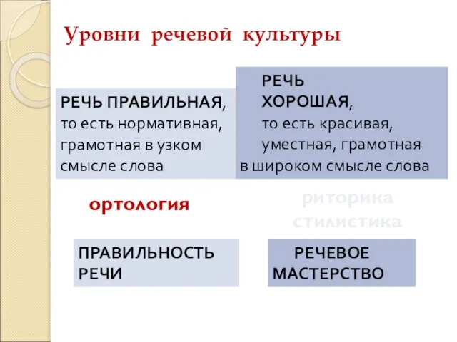 Уровни речевой культуры РЕЧЬ ПРАВИЛЬНАЯ, то есть нормативная, грамотная в узком