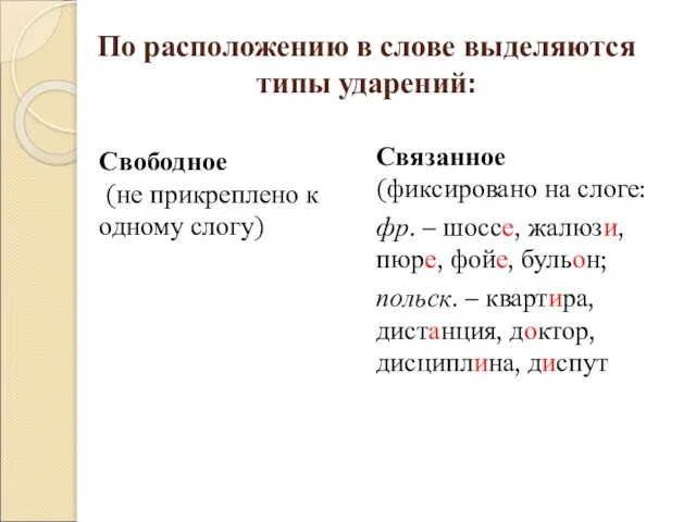 По расположению в слове выделяются типы ударений: Свободное (не прикреплено к