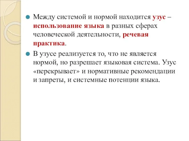 Между системой и нормой находится узус – использование языка в разных