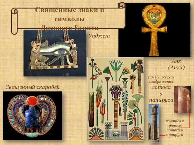 Анх (Анкх) Уаджет Священный скарабей символические изображения лотоса и папируса Священные