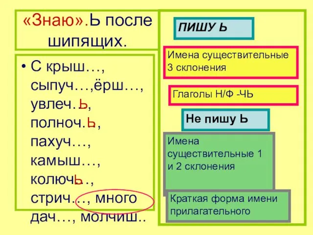 «Знаю».Ь после шипящих. С крыш…, сыпуч…,ёрш…, увлеч…, полноч…,пахуч…, камыш…, колюч…, стрич…,