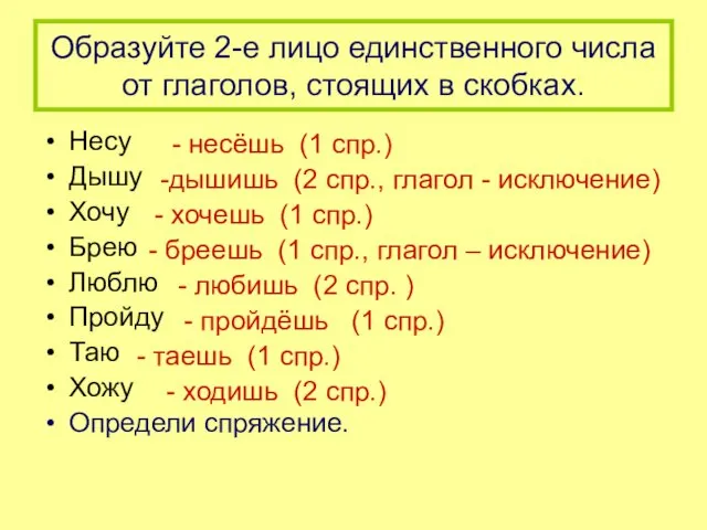 Образуйте 2-е лицо единственного числа от глаголов, стоящих в скобках. Несу