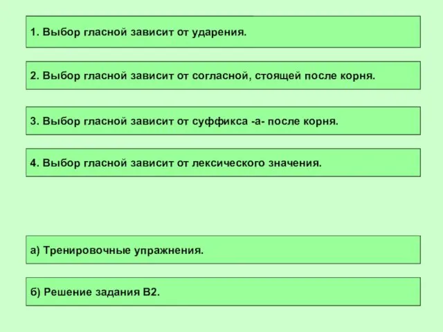 1. Выбор гласной зависит от ударения. 1. Выбор гласной зависит от