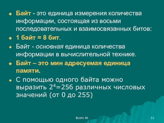 Всего 40 Байт - это единица измерения количества информации, состоящая из