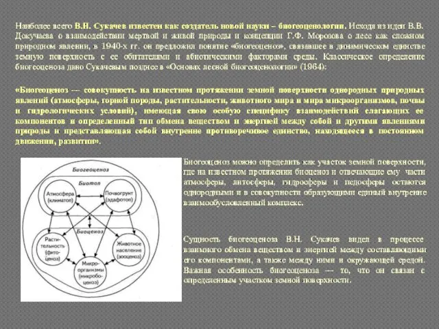 Наиболее всего В.Н. Сукачев известен как создатель новой науки – биогеоценологии.