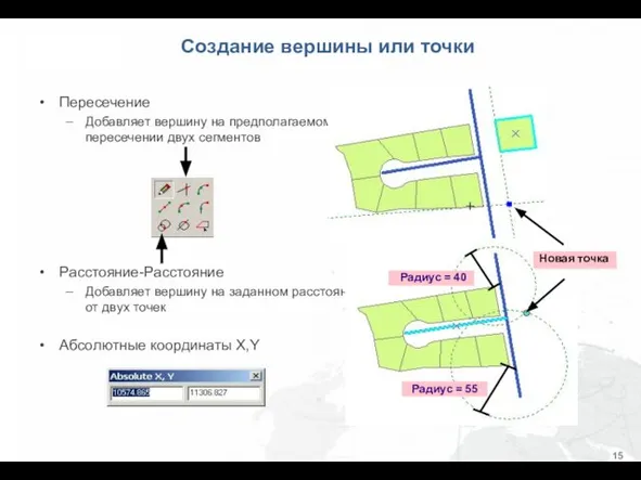 Пересечение Добавляет вершину на предполагаемом пересечении двух сегментов Расстояние-Расстояние Добавляет вершину