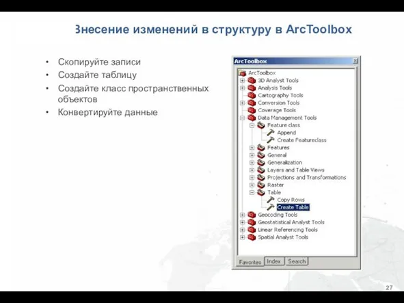 Внесение изменений в структуру в ArcToolbox Скопируйте записи Создайте таблицу Создайте класс пространственных объектов Конвертируйте данные