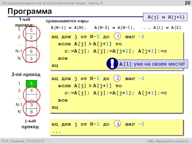 Программа 1-ый проход: сравниваются пары A[N-1] и A[N], A[N-2] и A[N-1],
