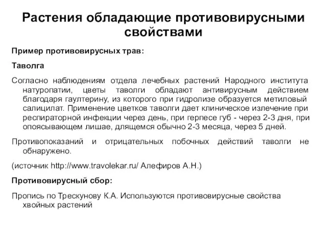 Растения обладающие противовирусными свойствами Пример противовирусных трав: Таволга Согласно наблюдениям отдела