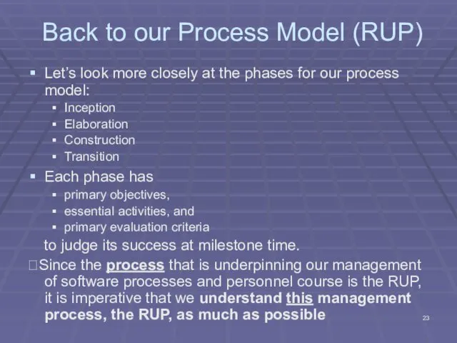 Back to our Process Model (RUP) Let’s look more closely at